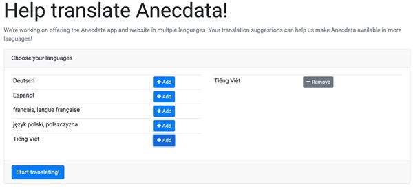 Language translations are being crowdsourced from Anecdata users.